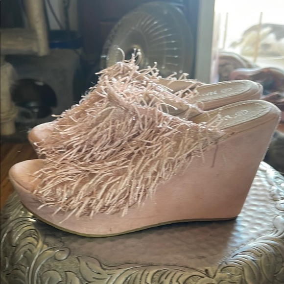 Nature Breeze Shoes - Nature Breeze Pink Wedges with Fringe Accent
